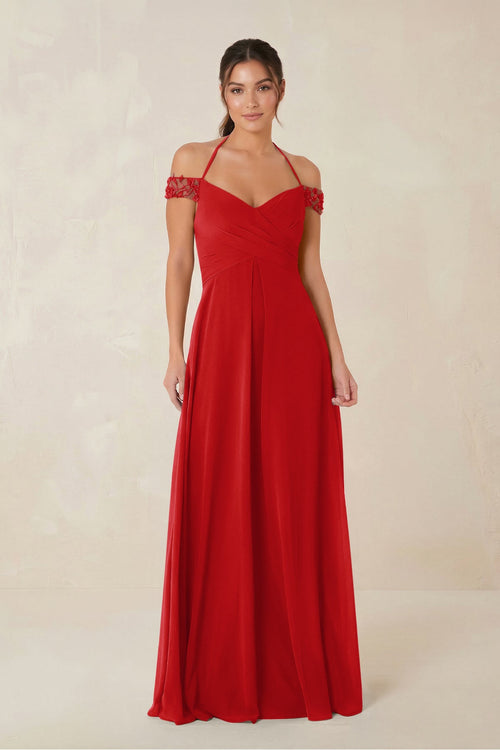 A-Line Off-the-Shoulder Chiffon Bridesmaid Dress in Ruby Red - KISS BRIDAL BRIDESMAID DRESSES