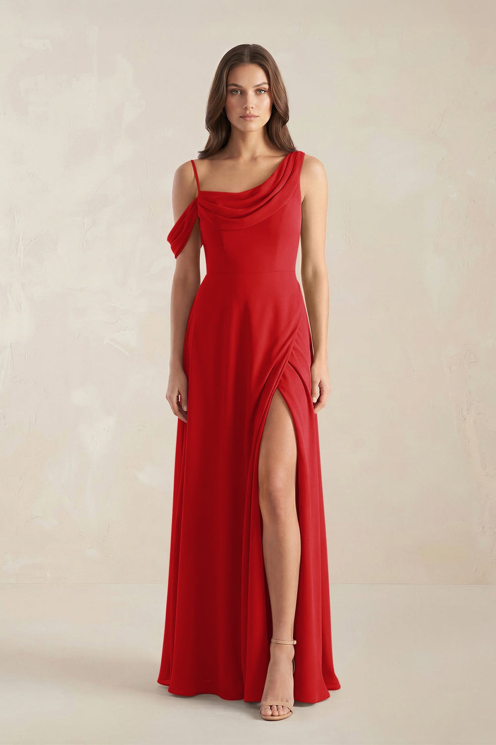 One-Shoulder Chiffon A-Line Bridesmaid Dress in Ruby Red