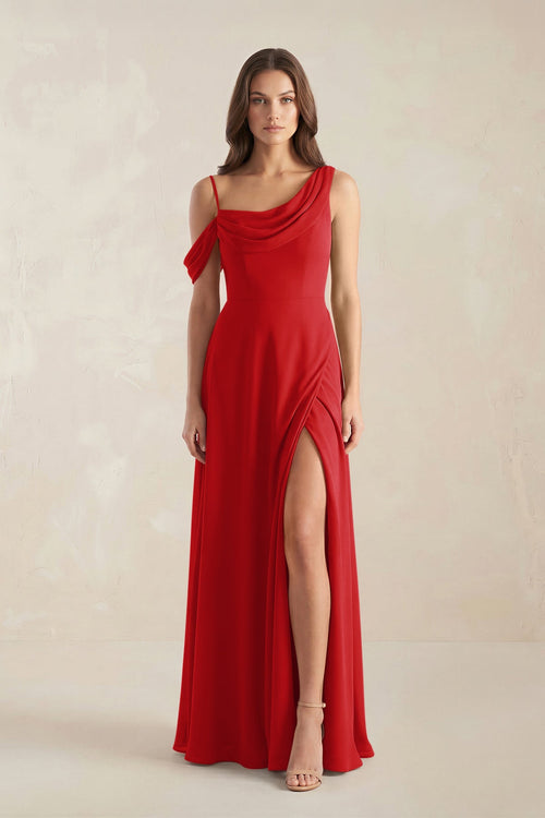 One-Shoulder Chiffon A-Line Bridesmaid Dress in Ruby Red - KISS BRIDAL BRIDESMAID DRESSES
