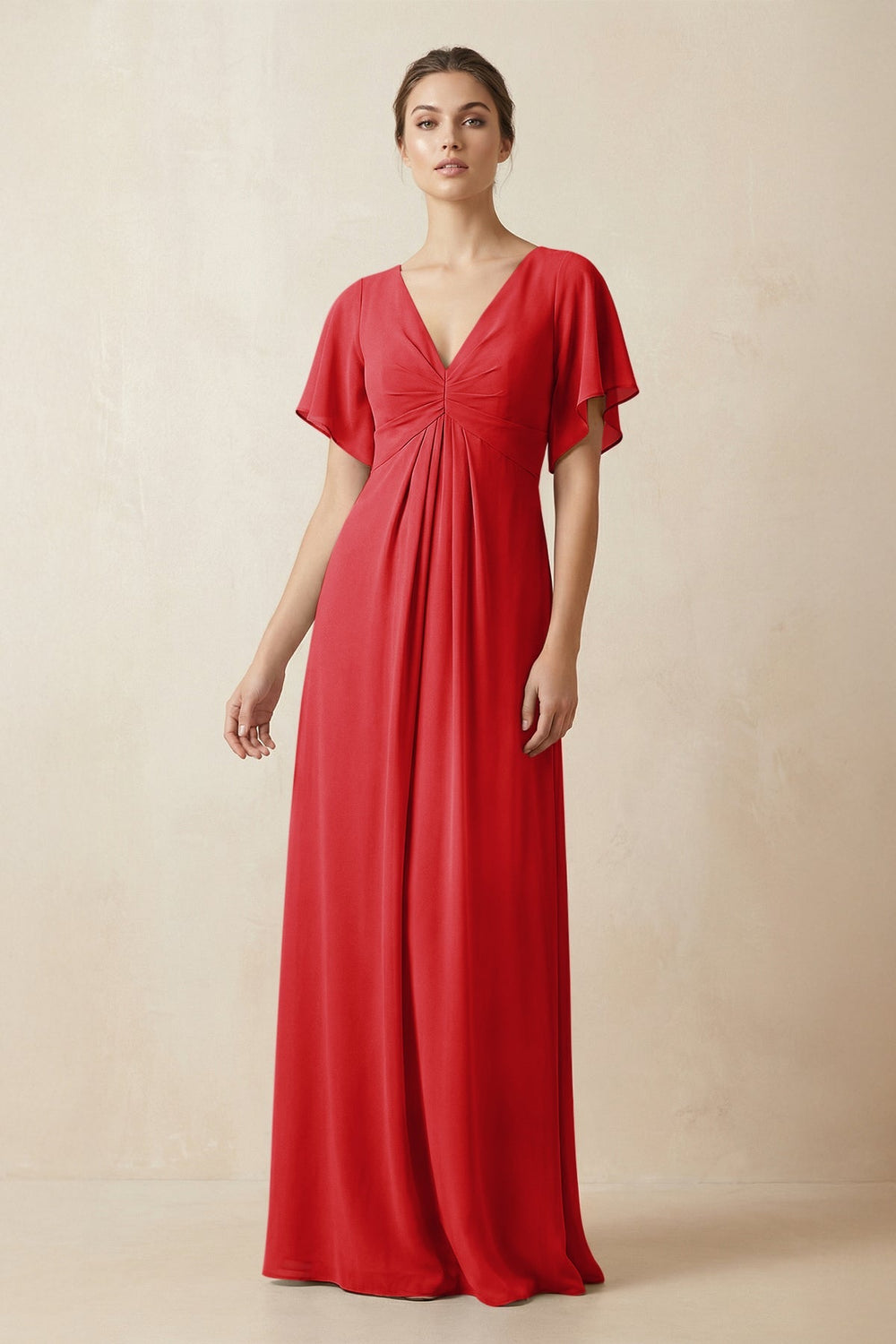 Short Sleeve V-Neck Chiffon A-Line Bridesmaid Dress in Ruby Red