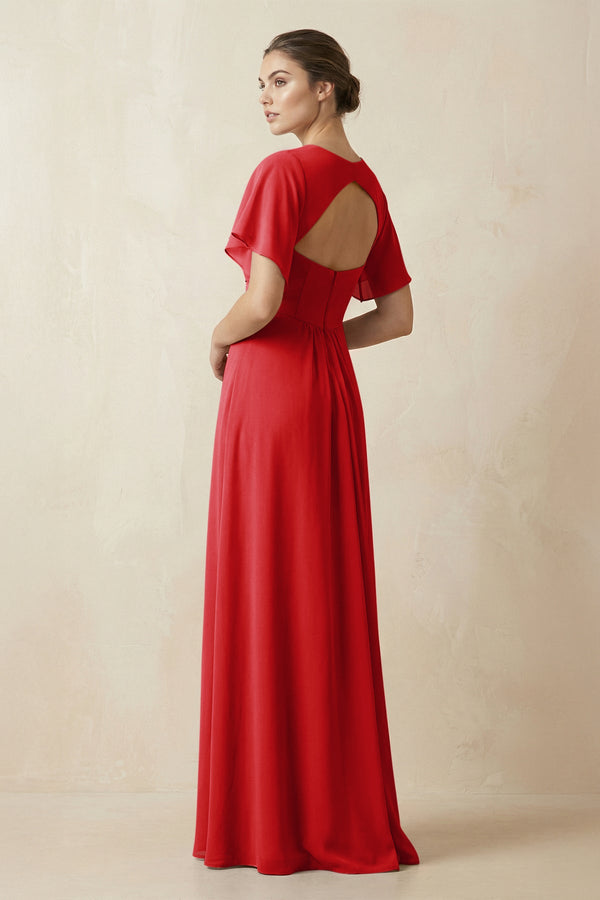 Short Sleeve V-Neck Chiffon A-Line Bridesmaid Dress in Ruby Red - KISS BRIDAL BRIDESMAID DRESSES