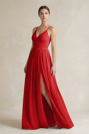A-Line Spaghetti Strap Chiffon Bridesmaid Dress in Ruby Red - KISS BRIDAL BRIDESMAID DRESSES