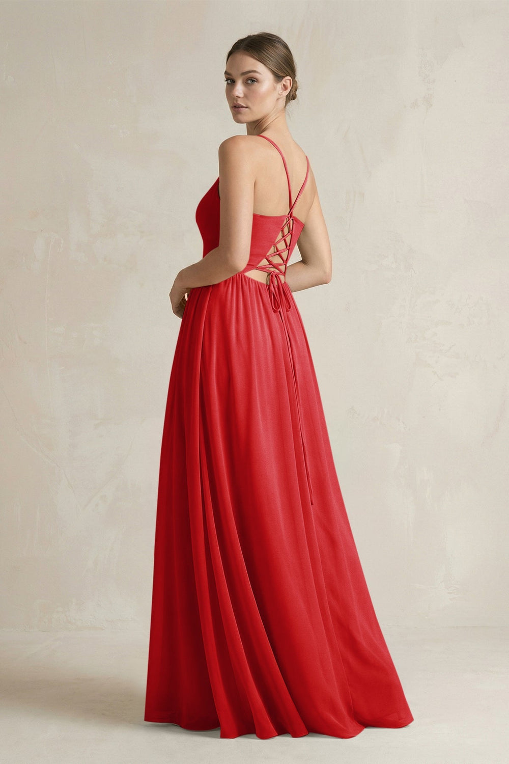 A-Line Spaghetti Strap Chiffon Bridesmaid Dress in Ruby Red