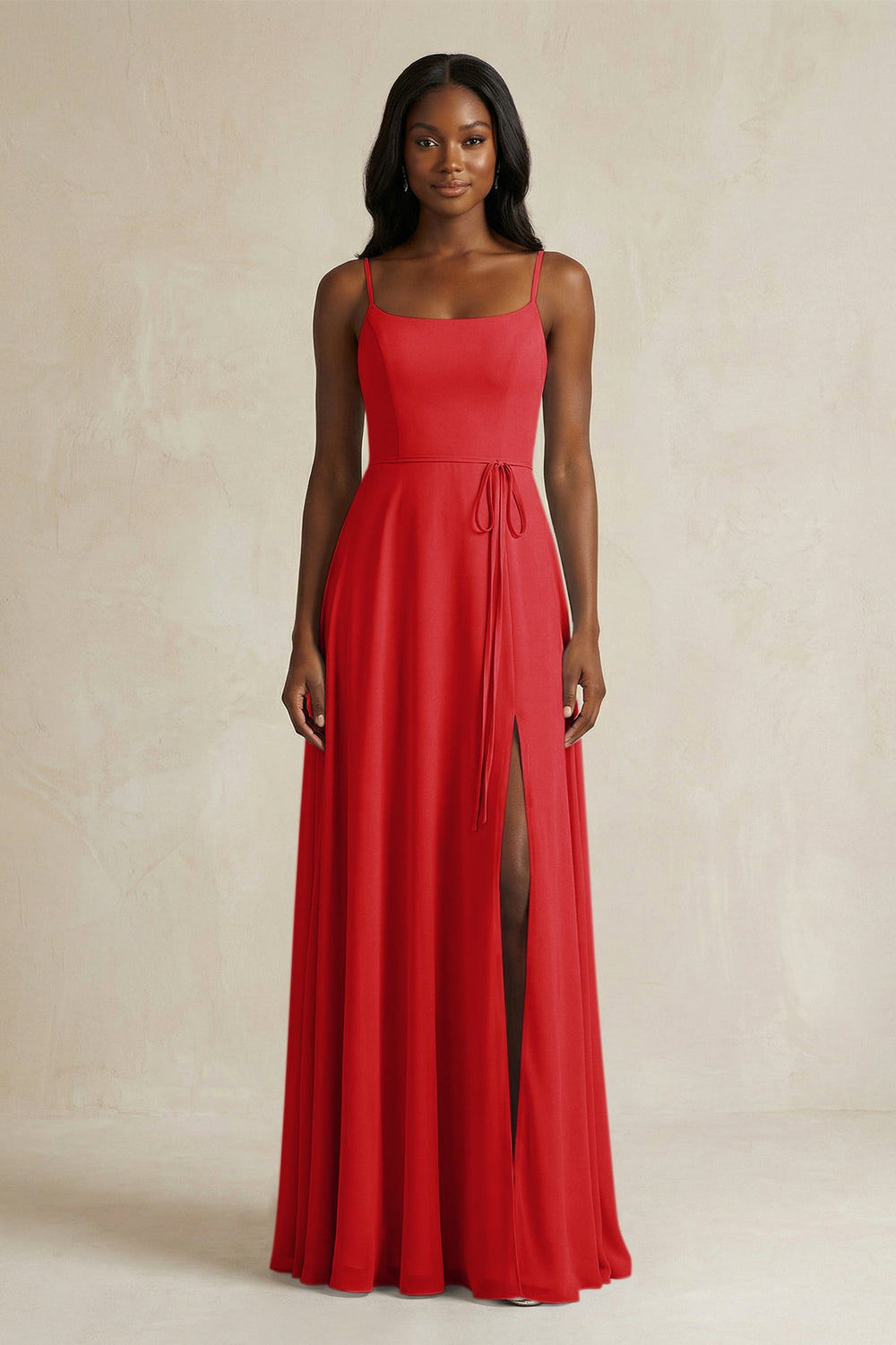 A-Line Spaghetti Straps Chiffon Bridesmaid Dress in Ruby Red