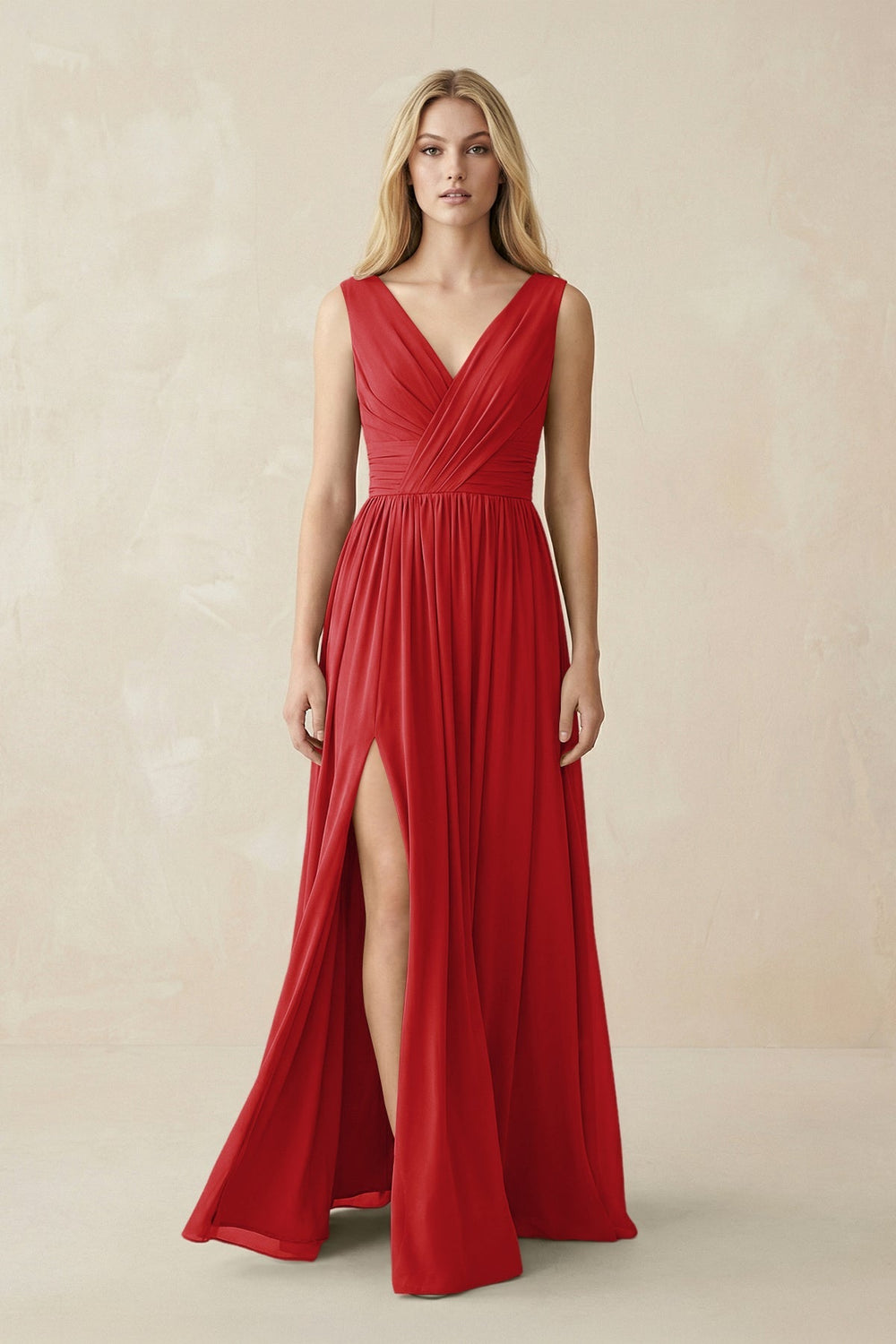 V-Neck Chiffon Pleated A-Line Bridesmaid Dress in Ruby Red
