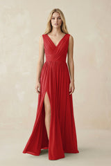 V-Neck Chiffon Pleated A-Line Bridesmaid Dress in Ruby Red - KISS BRIDAL BRIDESMAID DRESSES