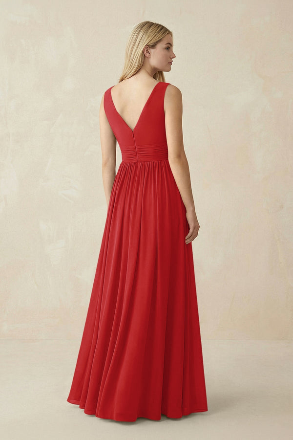 V-Neck Chiffon Pleated A-Line Bridesmaid Dress in Ruby Red - KISS BRIDAL BRIDESMAID DRESSES