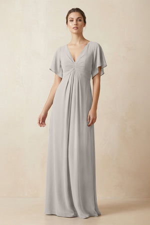 Short Sleeve V-Neck Chiffon A-Line Bridesmaid Dress in Silver - KISS BRIDAL BRIDESMAID DRESSES