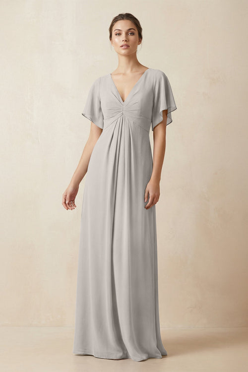 Short Sleeve V-Neck Chiffon A-Line Bridesmaid Dress in Silver - KISS BRIDAL BRIDESMAID DRESSES
