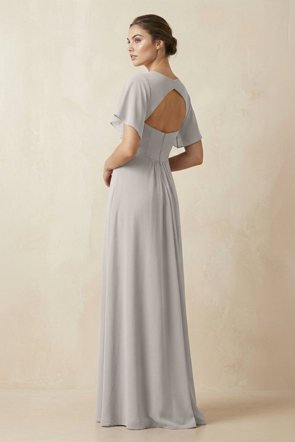Short Sleeve V-Neck Chiffon A-Line Bridesmaid Dress in Silver - KISS BRIDAL BRIDESMAID DRESSES