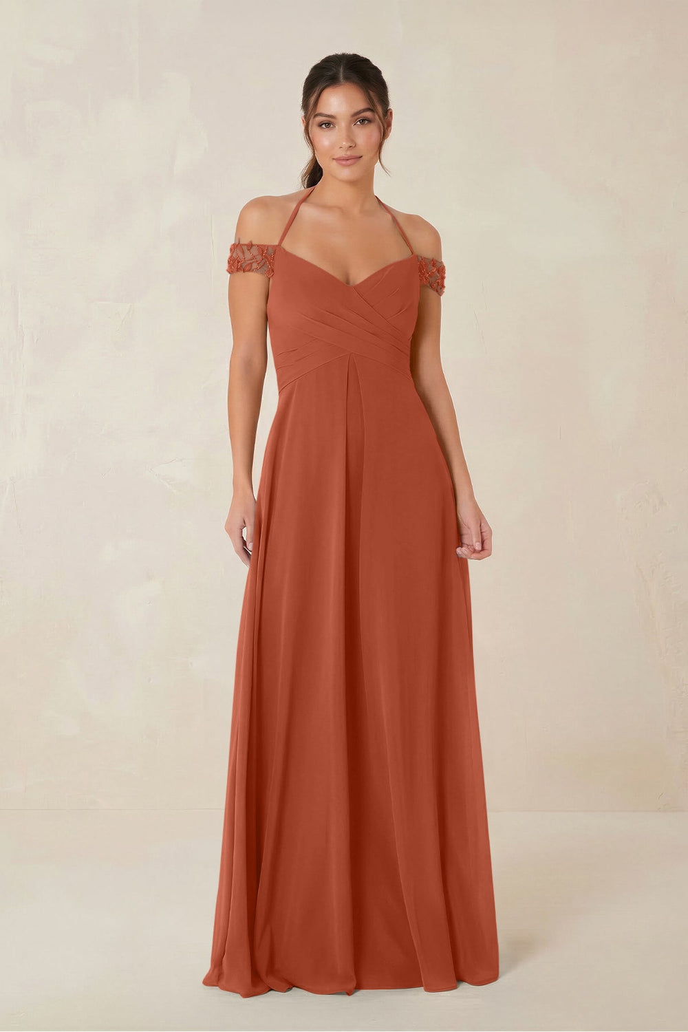A-Line Off-the-Shoulder Chiffon Bridesmaid Dress in Spice