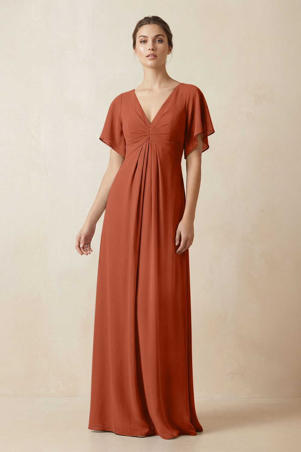 Short Sleeve V-Neck Chiffon A-Line Bridesmaid Dress in Spice