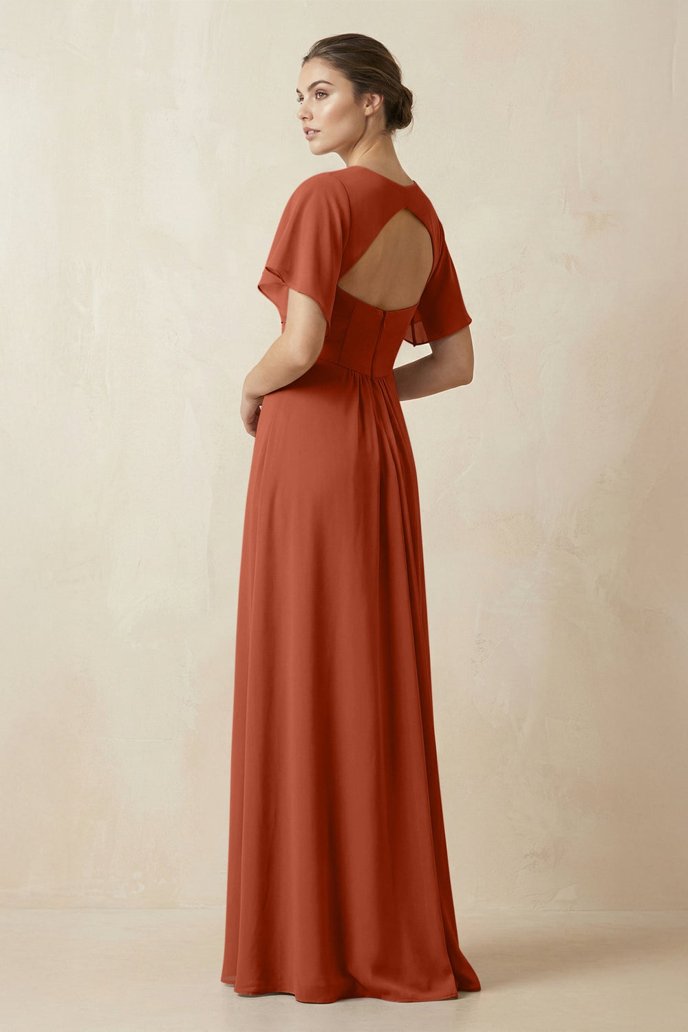 Short Sleeve V-Neck Chiffon A-Line Bridesmaid Dress in Spice