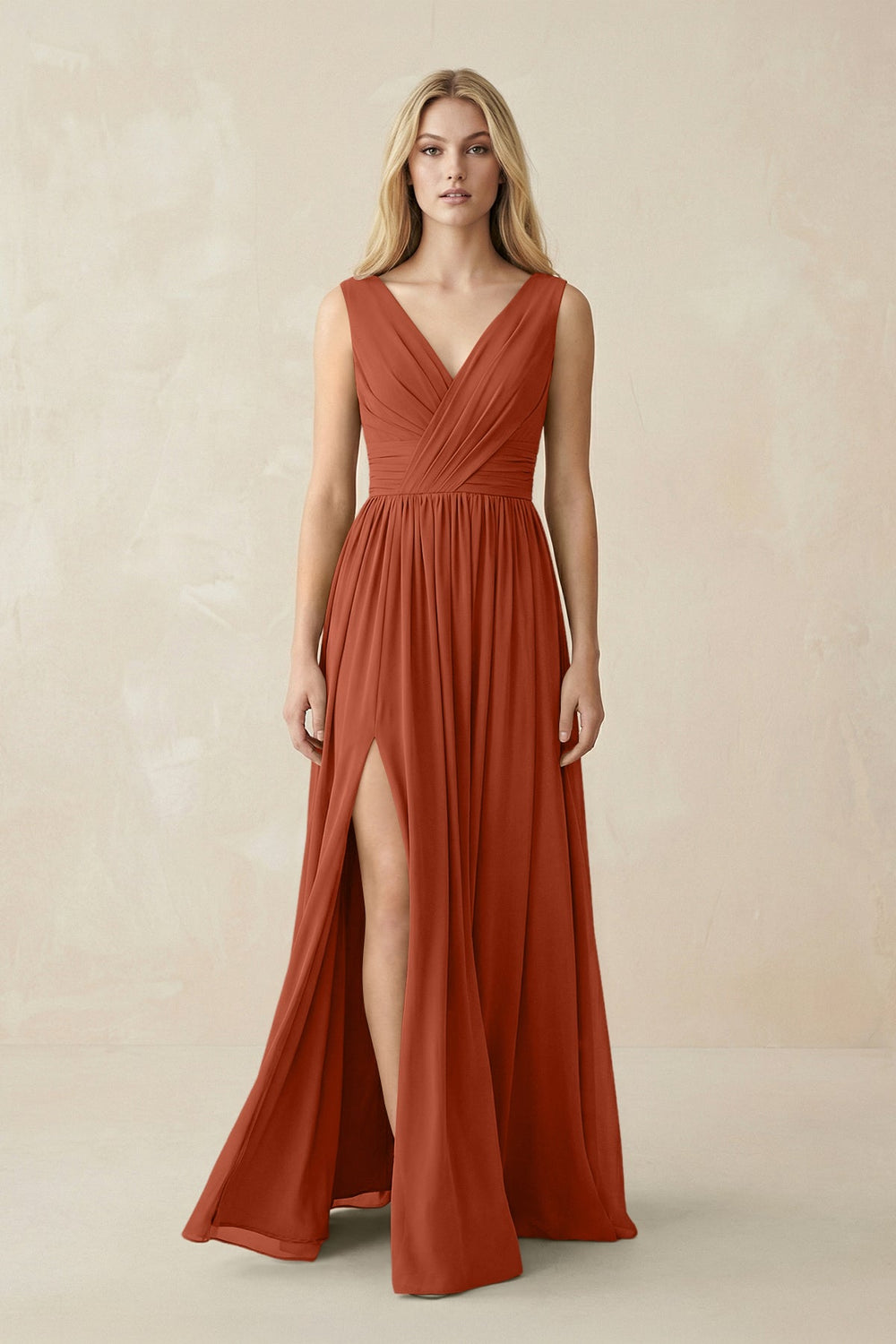 V-Neck Chiffon Pleated A-Line Bridesmaid Dress in Spice
