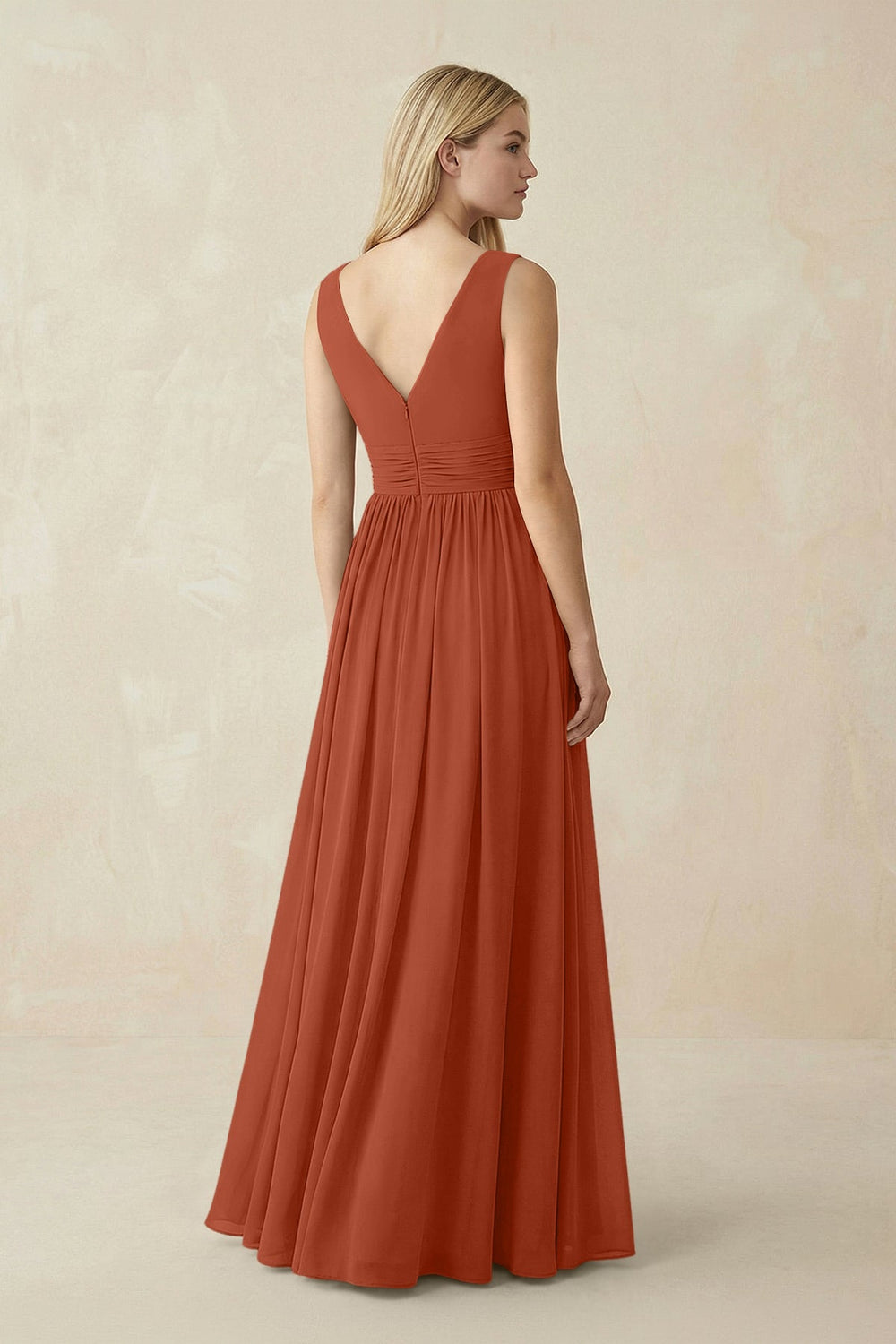 V-Neck Chiffon Pleated A-Line Bridesmaid Dress in Spice