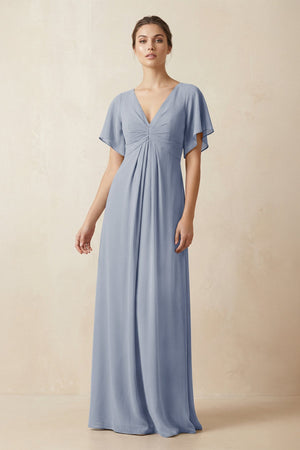 Short Sleeve V-Neck Chiffon A-Line Bridesmaid Dress in Twilight - KISS BRIDAL BRIDESMAID DRESSES