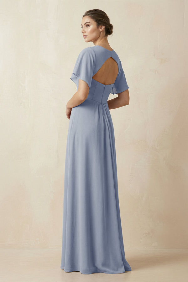 Short Sleeve V-Neck Chiffon A-Line Bridesmaid Dress in Twilight - KISS BRIDAL BRIDESMAID DRESSES