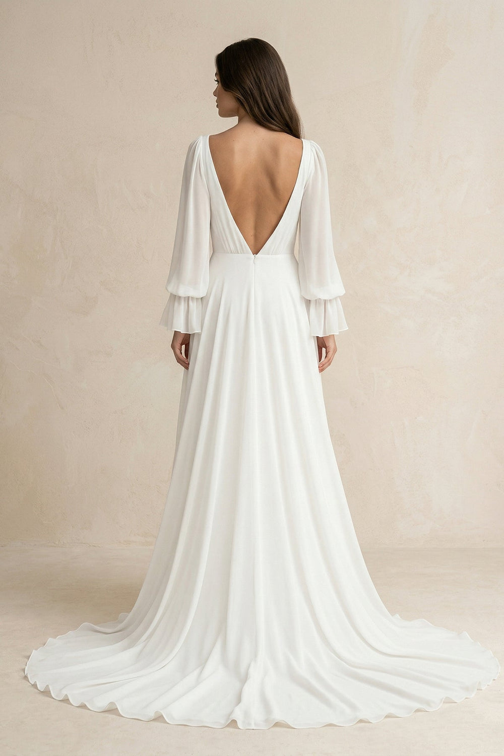 Chiffon V-Neck A-Line Long Sleeves Wedding Dress in White