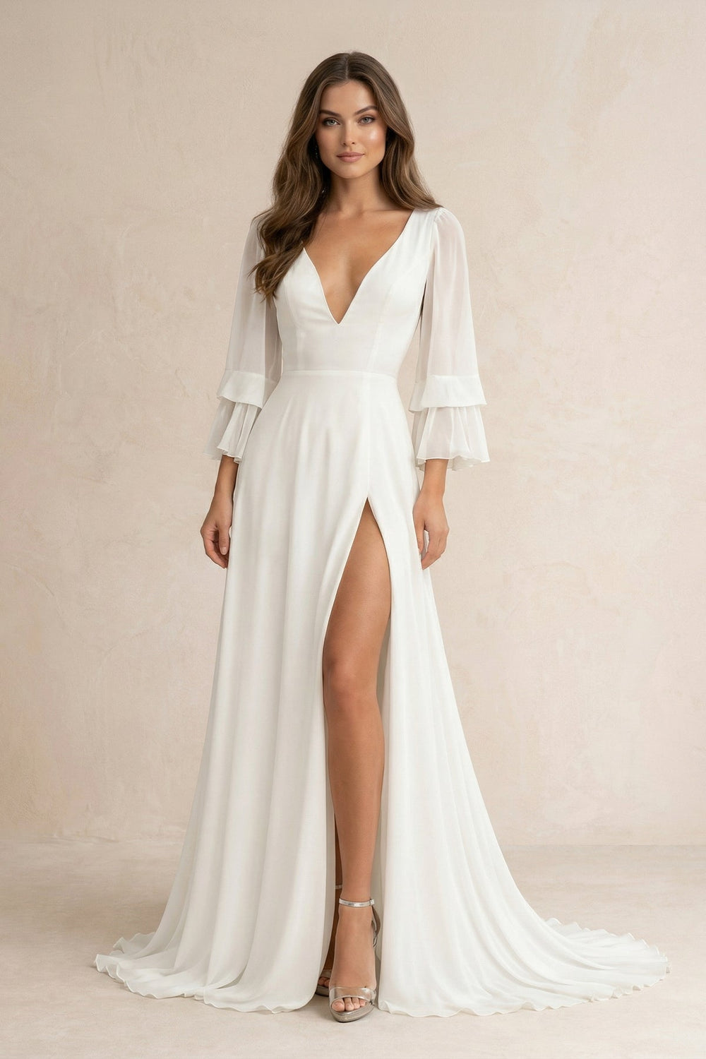 Chiffon V-Neck A-Line Long Sleeves Wedding Dress in White