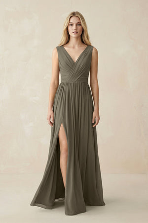 V-Neck Chiffon Pleated A-Line Bridesmaid Dress in Willow Green - KISS BRIDAL BRIDESMAID DRESSES