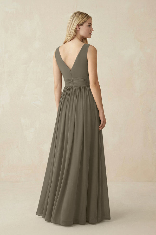 V-Neck Chiffon Pleated A-Line Bridesmaid Dress in Willow Green - KISS BRIDAL BRIDESMAID DRESSES