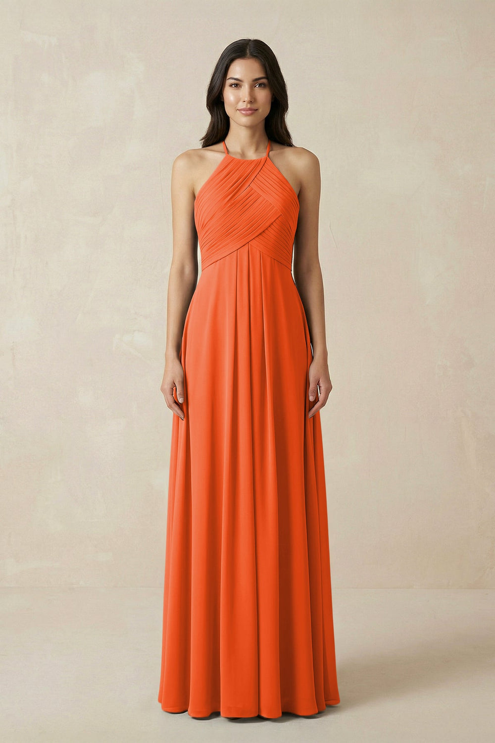 A-Line Halter Neck Pleated Chiffon Bridesmaid Dress in Cinnamon