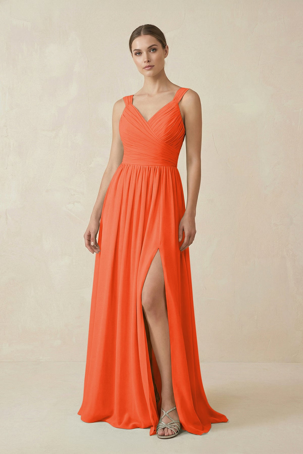 A-Line Pleated Chiffon Long Bridesmaid Dress in Cinnamon
