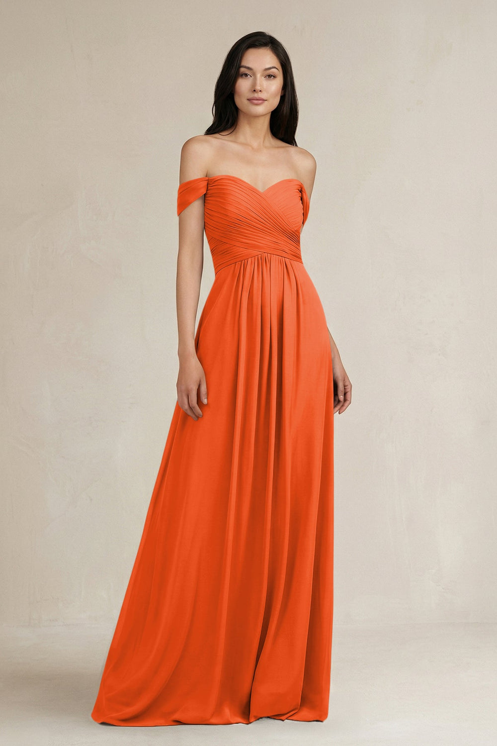 A-Line Pleated Off-the-Shoulder Chiffon Bridesmaid Dress in Cinnamon