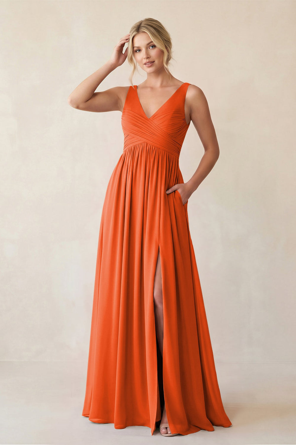 A-Line V-Neck Pleated Chiffon Bridesmaid Dress in Cinnamon