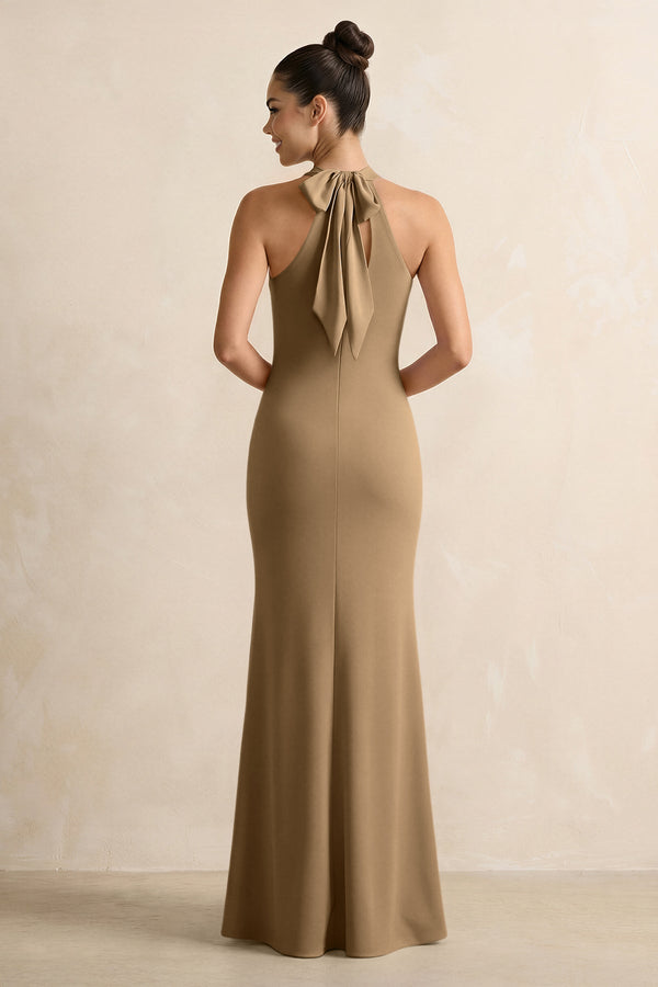 Apple Cinnamon Crisscross Halter Sheath Satin Bridesmaid Dress with Bow (2) | KISSBRIDAL