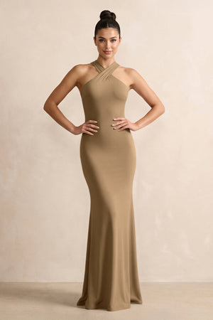 Apple Cinnamon Crisscross Halter Sheath Satin Bridesmaid Dress with Bow | KISSBRIDAL