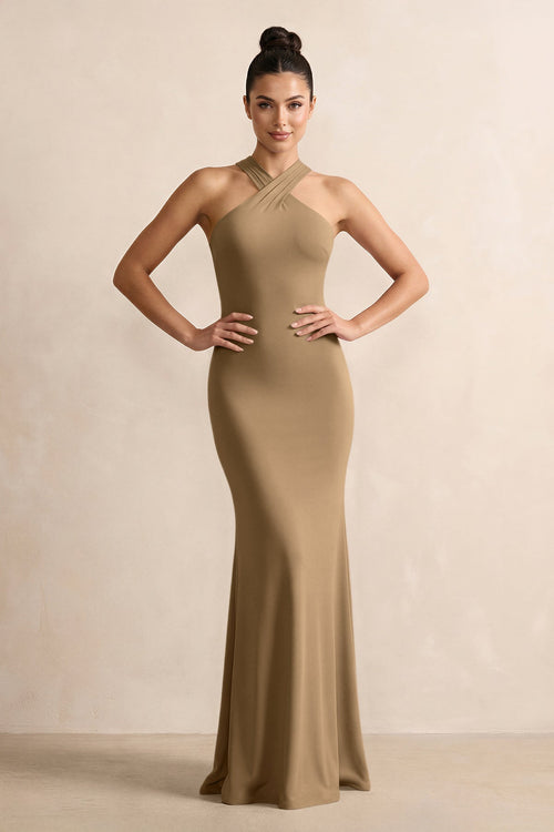 Apple Cinnamon Crisscross Halter Sheath Satin Bridesmaid Dress with Bow | KISSBRIDAL