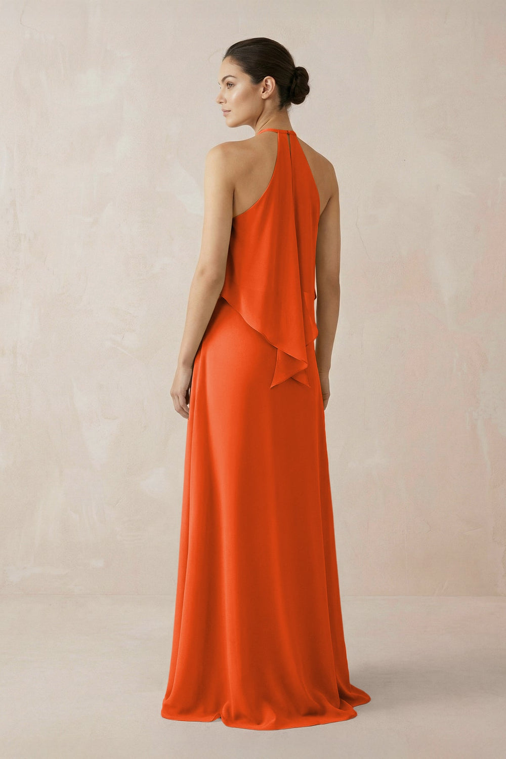 Halter Sheath Ruffled Chiffon Bridesmaid Dress in Cinnamon