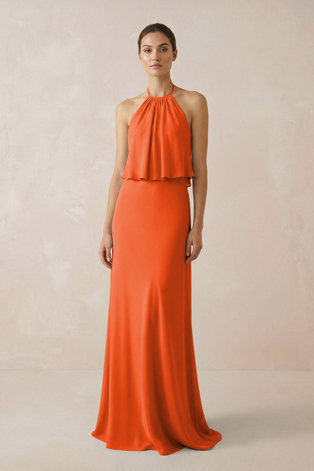 Halter Sheath Ruffled Chiffon Bridesmaid Dress in Cinnamon