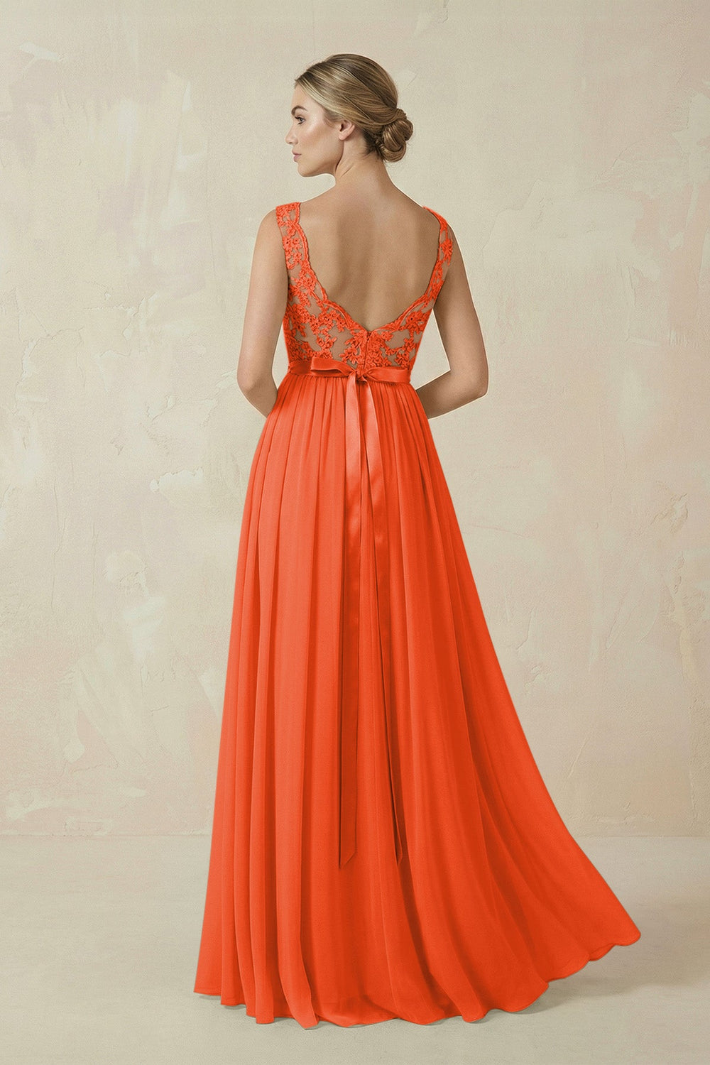 Lace A-Line Bateau Neck Chiffon Long Bridesmaid Dress in Cinnamon