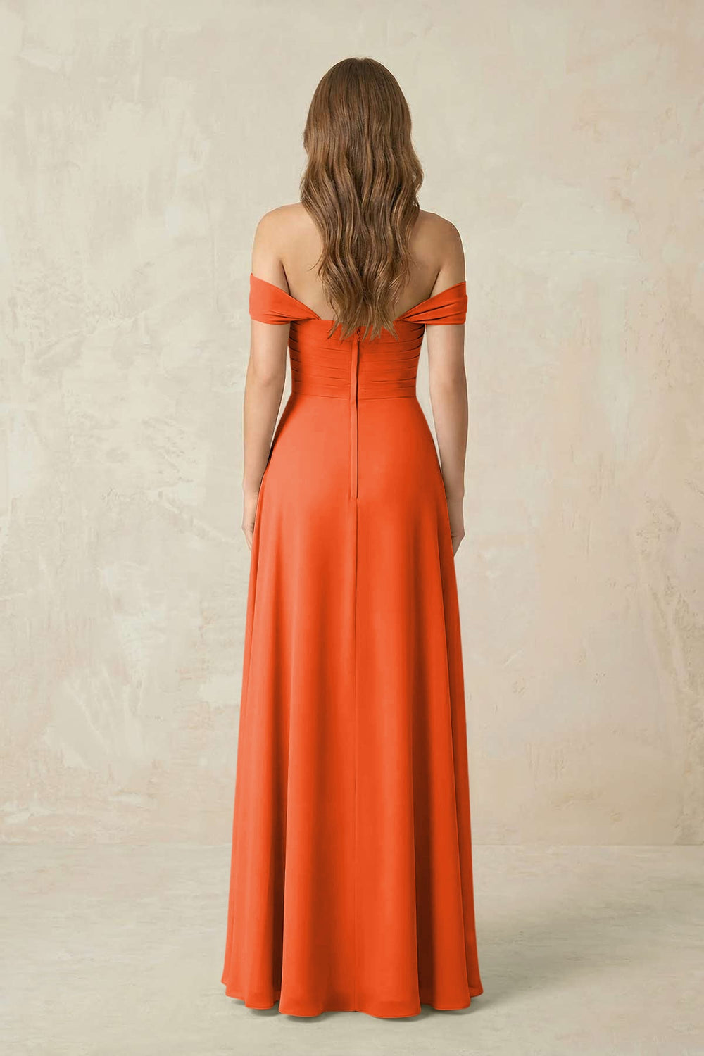 Off-the-Shoulder A-Line Chiffon Pleated Bridesmaid Dress in Cinnamon