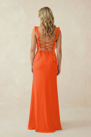 Cinnamon Ruffled Sleeve Ruched Sheath Chiffon Bridesmaid Dress (2) | KISSBRIDAL