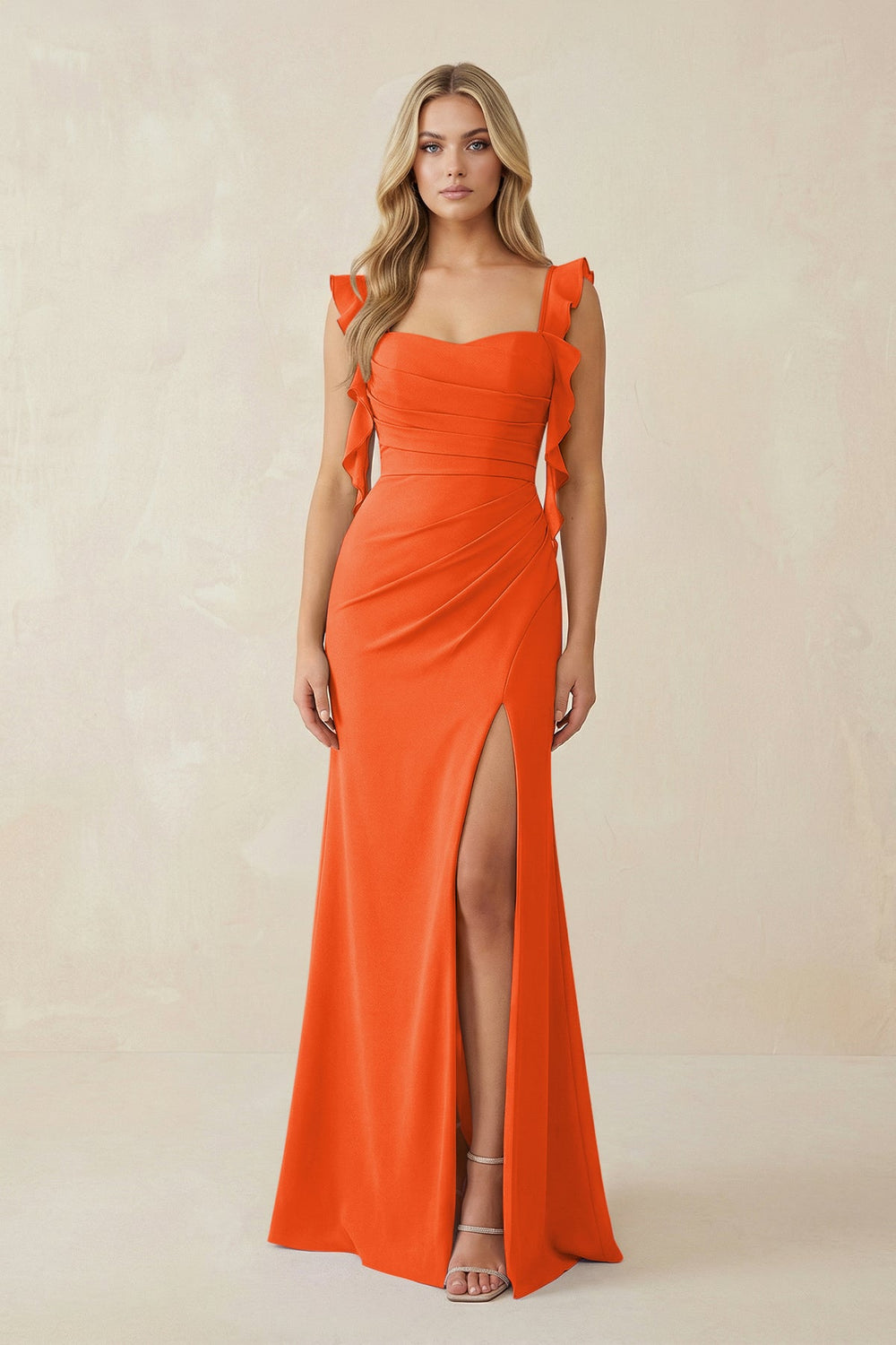 Ruffled Sleeve Ruched Sheath Chiffon Bridesmaid Dress in Cinnamon