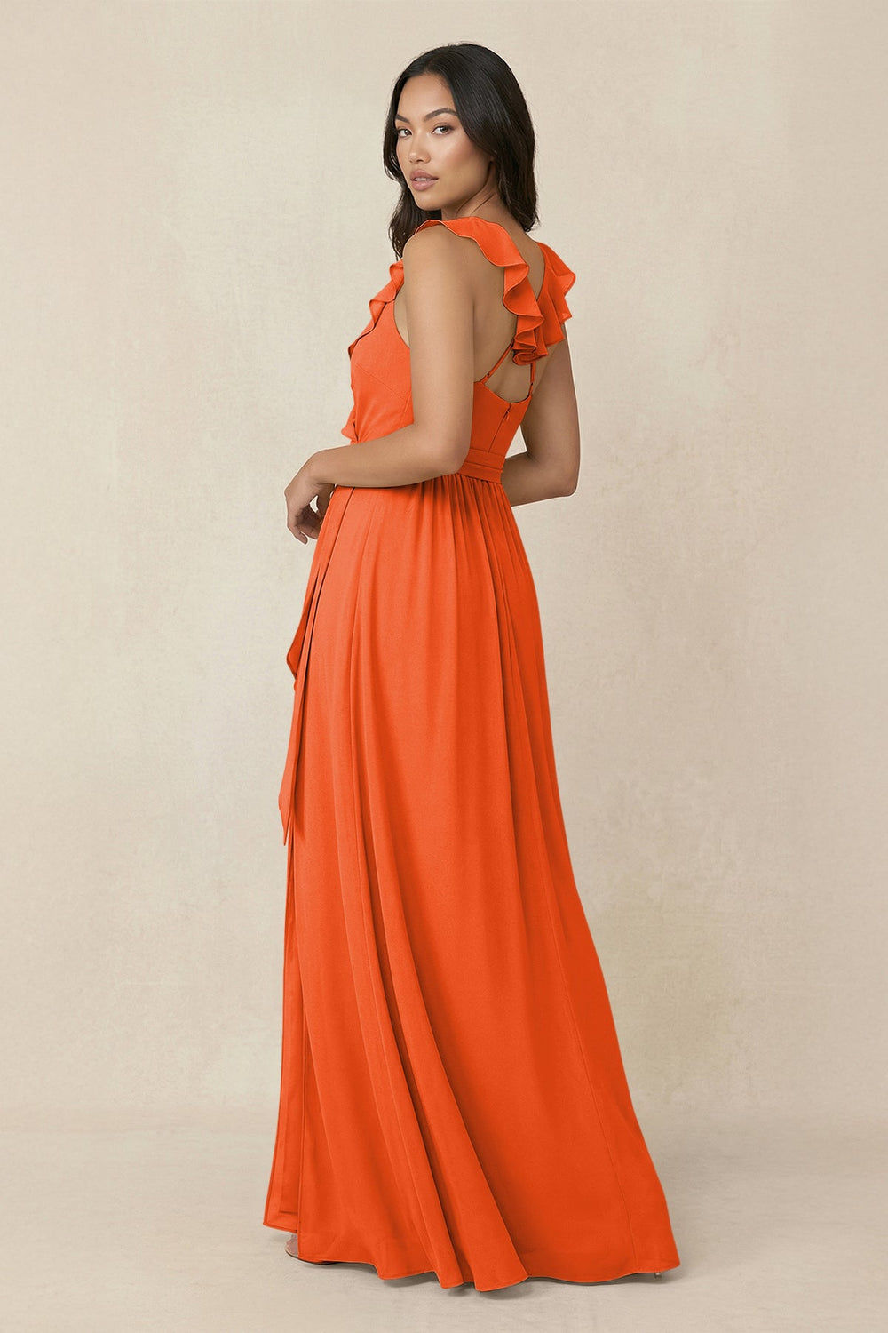 Ruffled V-Neck A-Line Chiffon Bridesmaid Dress in Cinnamon