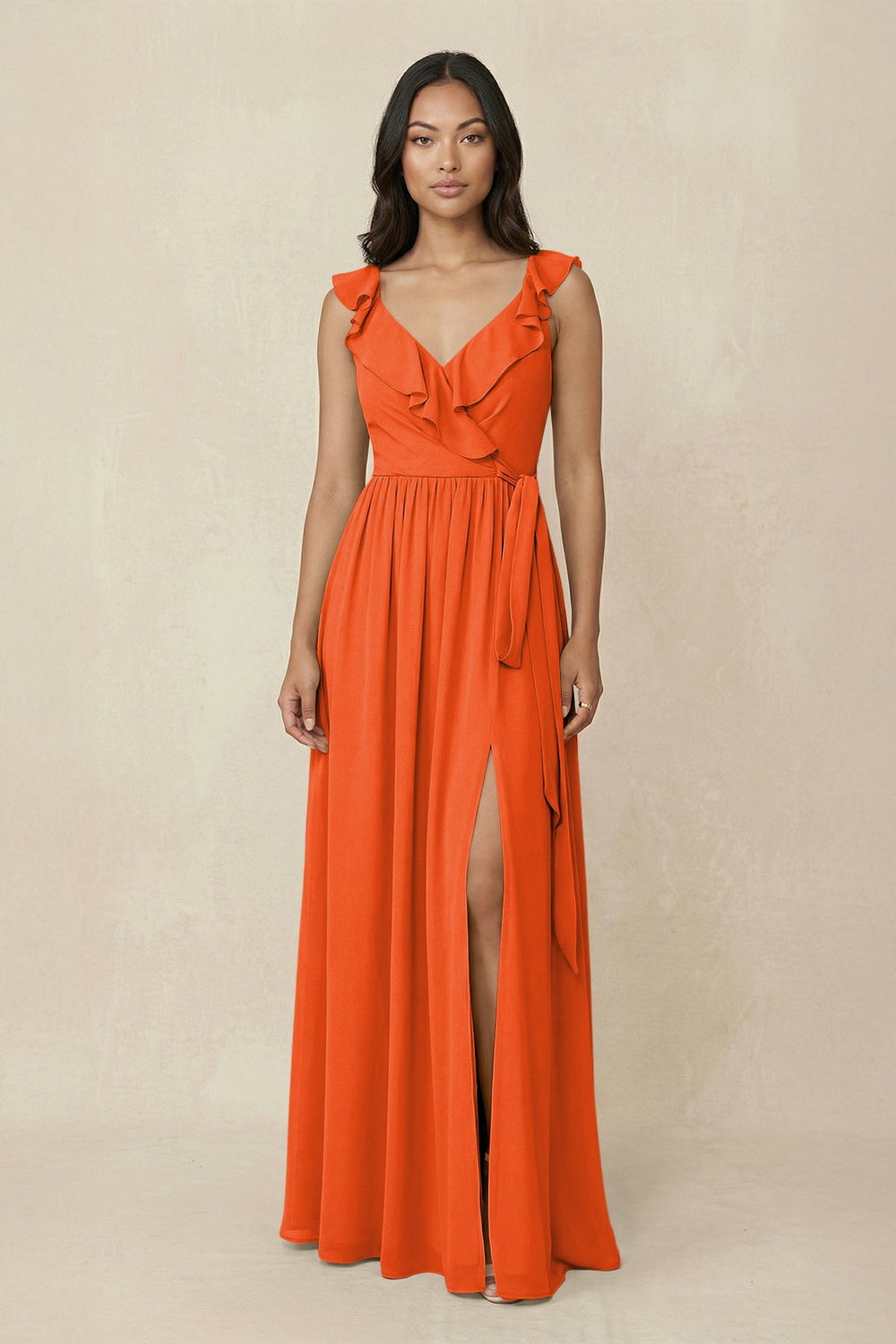 Ruffled V-Neck A-Line Chiffon Bridesmaid Dress in Cinnamon