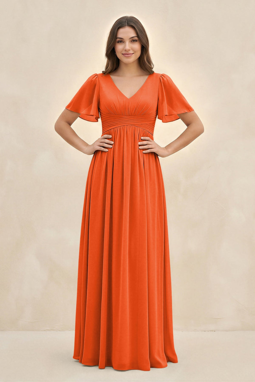 Short Sleeve Chiffon V-Neck A-Line Bridesmaid Dress in Cinnamon