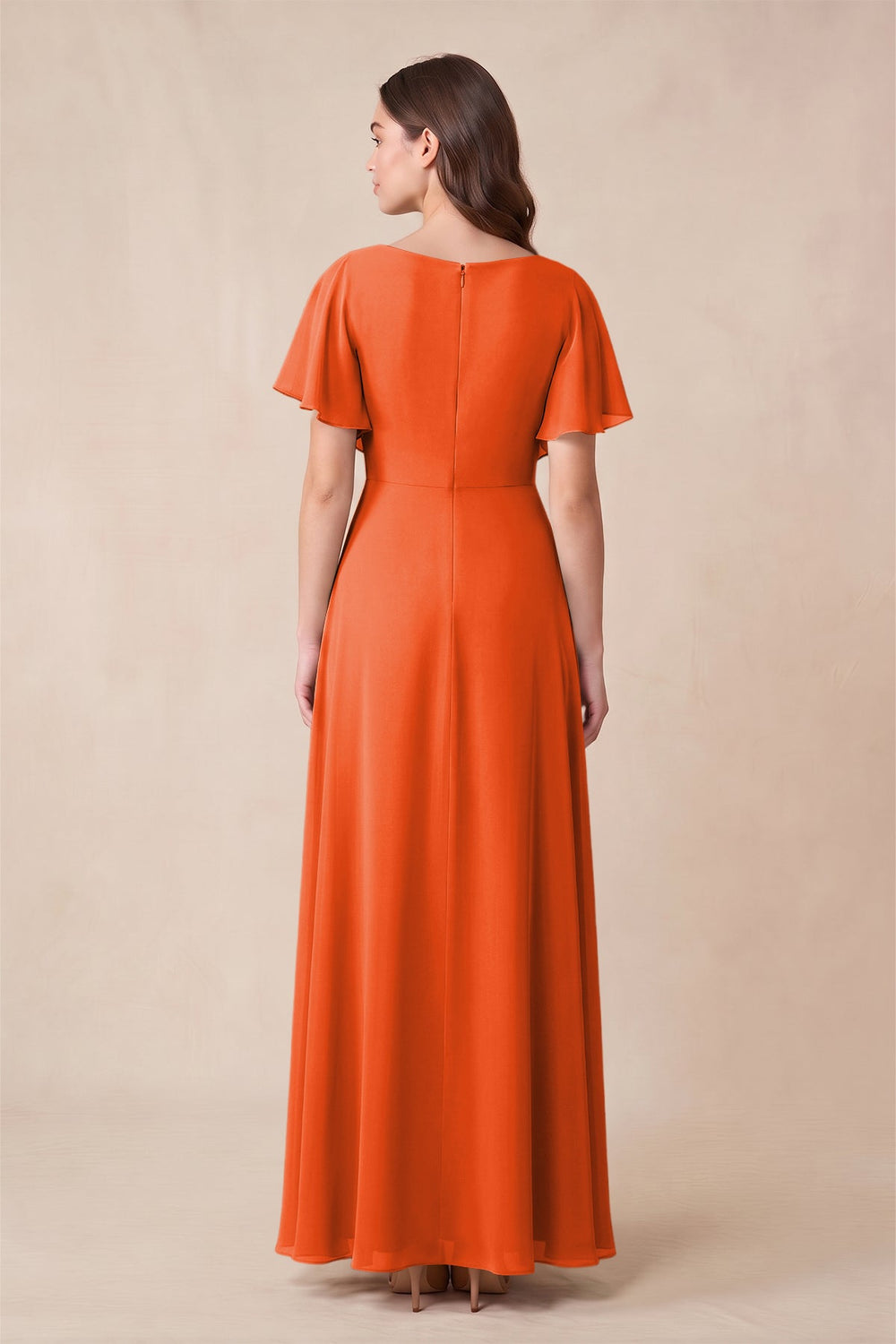 Short Sleeves Bateau A-Line Chiffon Bridesmaid Dress in Cinnamon