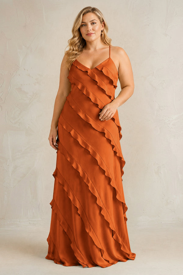 Cinnamon Spaghetti Straps Sheath Stain Ruffled Bridesmaid Dress | KISSBRIDAL[sizeplus]