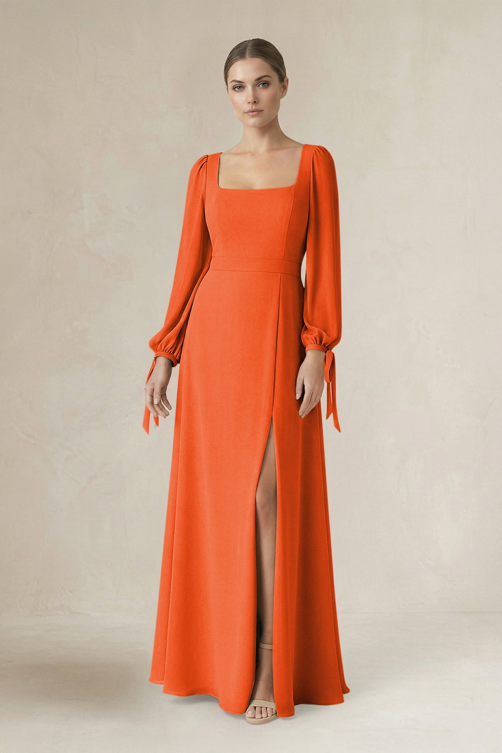Square Neck Long Sleeve A-Line Chiffon Bridesmaid Dress in Cinnamon