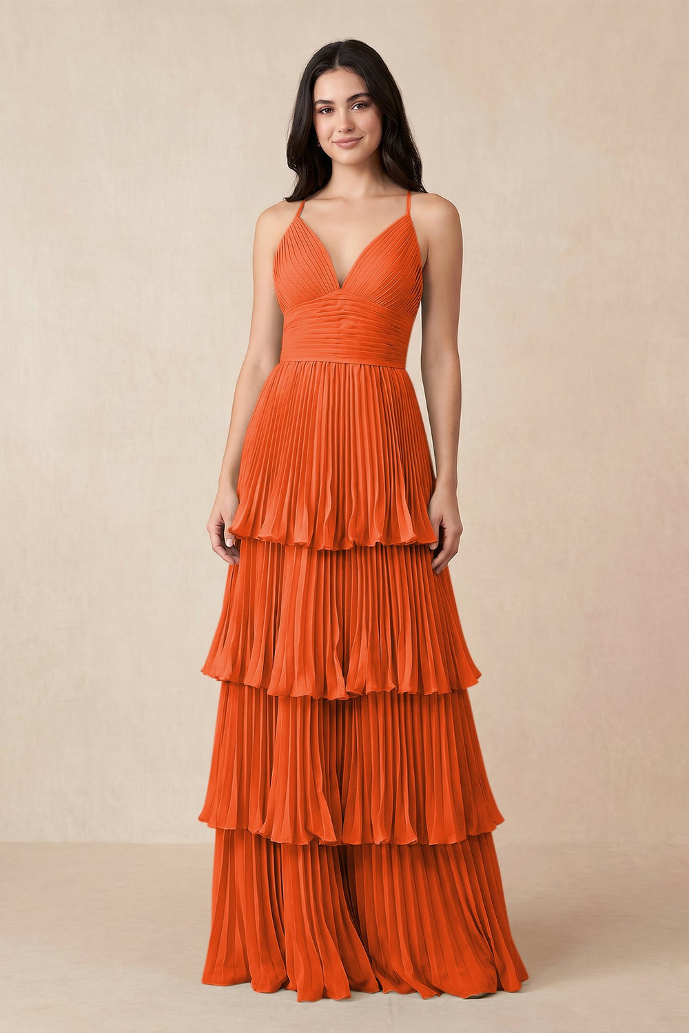 Tiered Pleated V-Neck A-Line Chiffon Bridesmaid Dress in Cinnamon