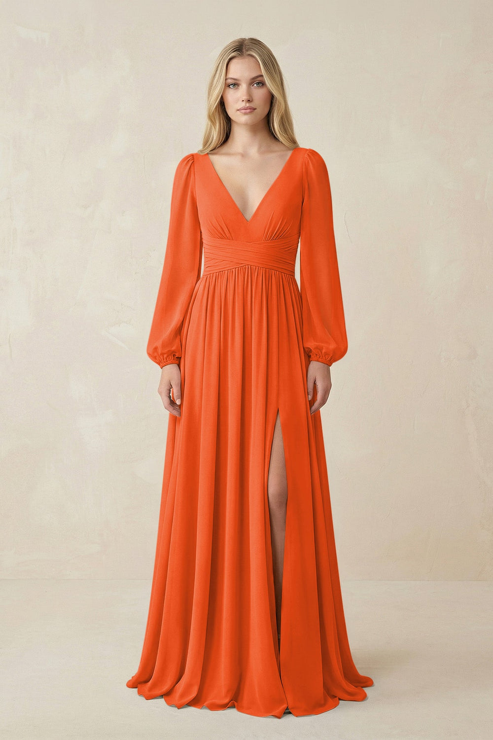 V-Neck Long Sleeve A-Line Chiffon Bridesmaid Dress in Cinnamon