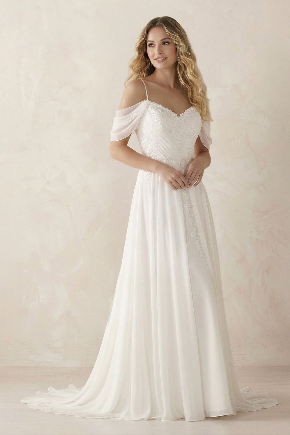 Cold Shoulder A-Line Chiffon Appliqued Wedding Dress in White