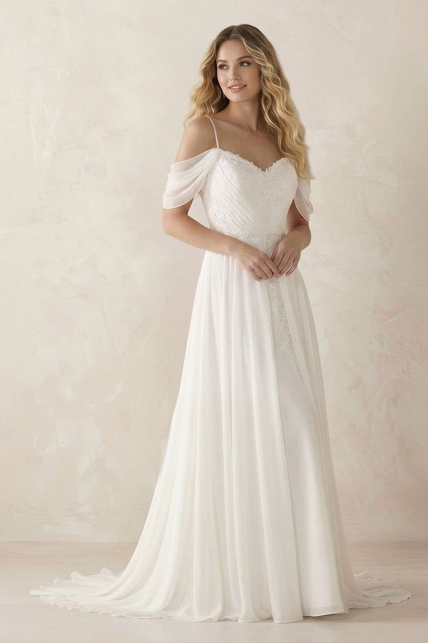 Cold Shoulder A - Line Chiffon Appliqued Wedding Dress in White - KISS BRIDAL Wedding Dresses