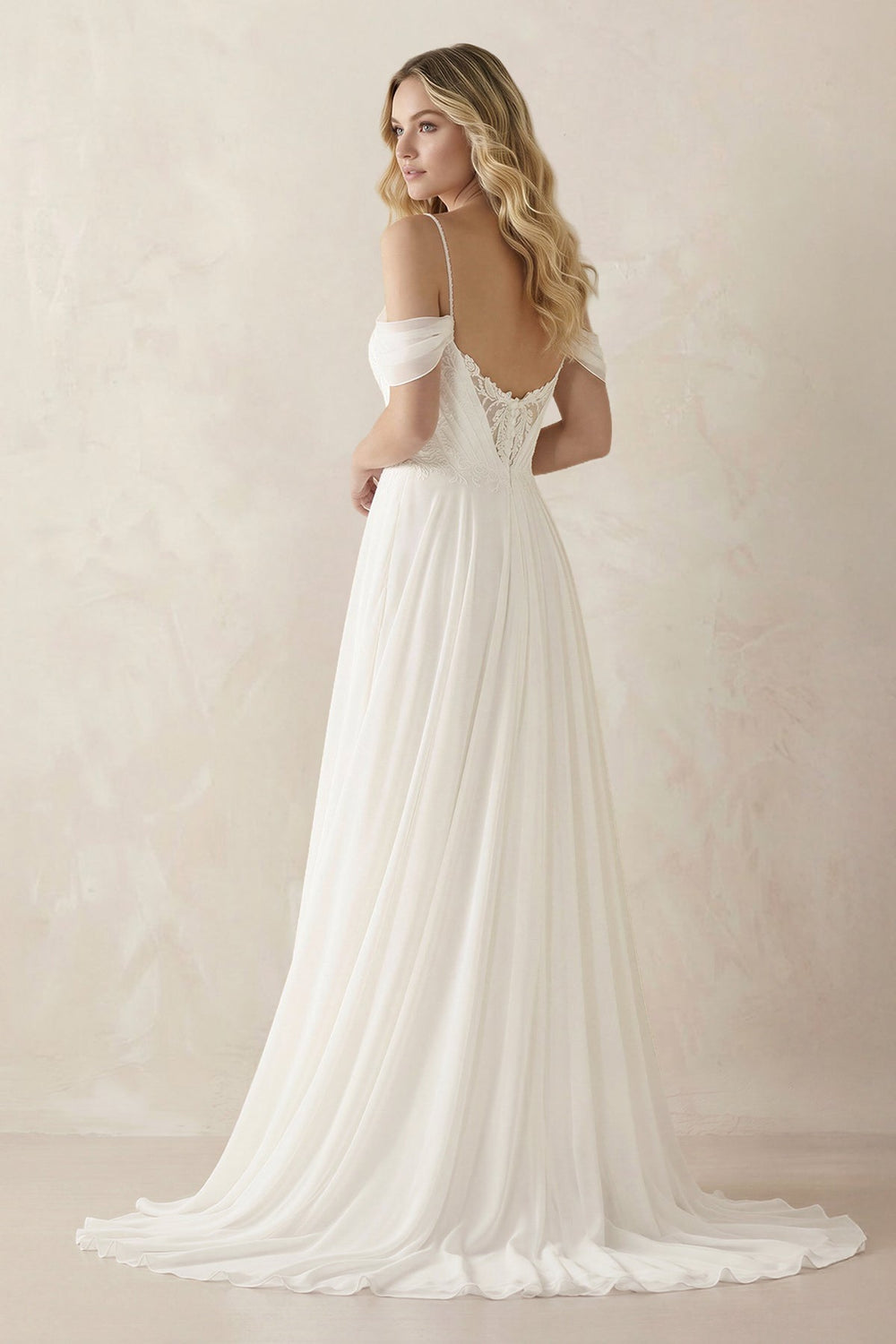 Cold Shoulder A-Line Chiffon Appliqued Wedding Dress in White