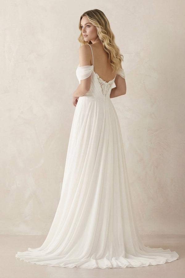 Cold Shoulder A - Line Chiffon Appliqued Wedding Dress in White - KISS BRIDAL Wedding Dresses